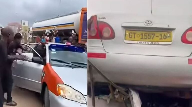 Suspected Robber rams Taxi into shops while escaping mob at Ejisu