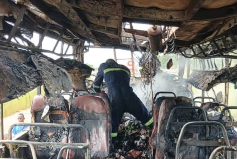 Passengers escape death as moving bus catches fire on Bole-Sawla highway (Photos)